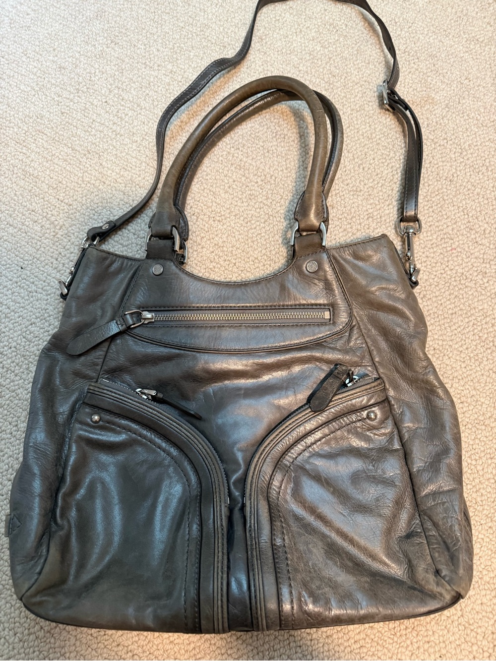 Cole Haan Dark Gray Leather Shoulder Bag with Multiple Zipper Pockets